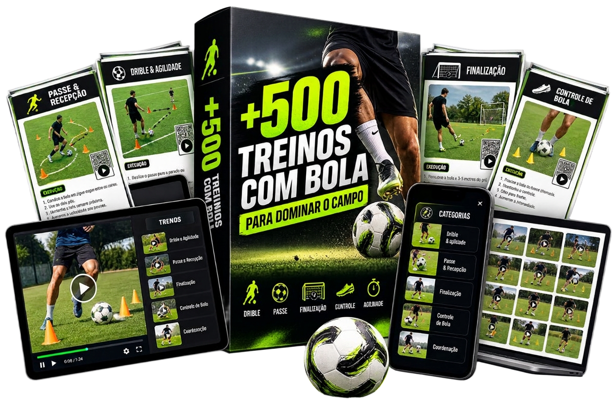 Biblioteca com +500 vídeos de treinos de futebol com bola no campo, aberta no celular e no tablet